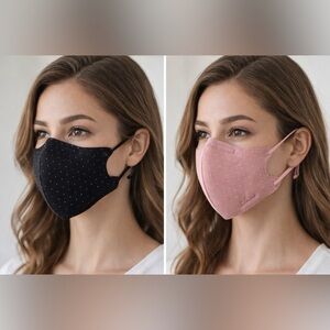 Reusable Fabric Face Mask Set of 2 : Black & Pink Polka Dot Washable Adult NEW